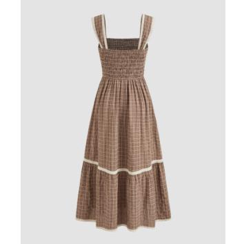 Cider [2 colors, size 0-24] Square Neck Shirred Gingham Maxi Dress