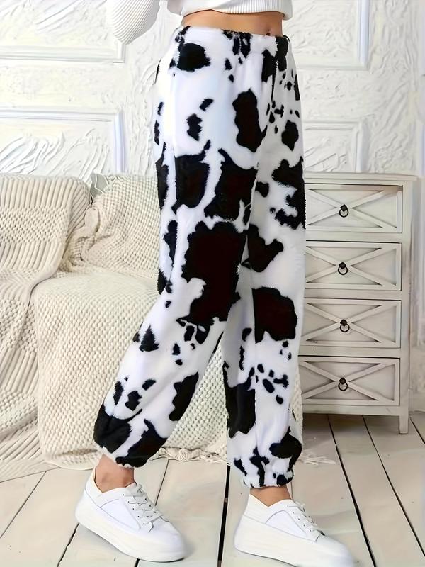 Women's Cow Print Elastic Waist Pants, Casual Comfy Jogger Trousers for Fall & Winter, Women's Bottoms for Daily Wear