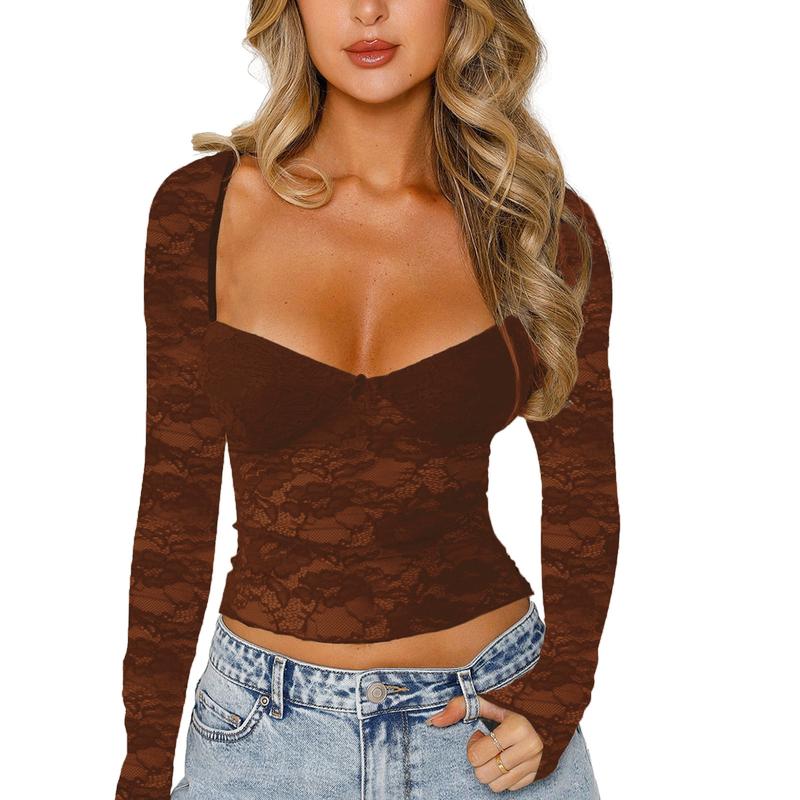 New Women Ladies Girls Fashion Crop Floral Lace Tops Long Sleeve Blouses & Shirts Casual Pullovers for Club Streetwear Aesthetic Grunge Clothes Womenswear Crop Tops