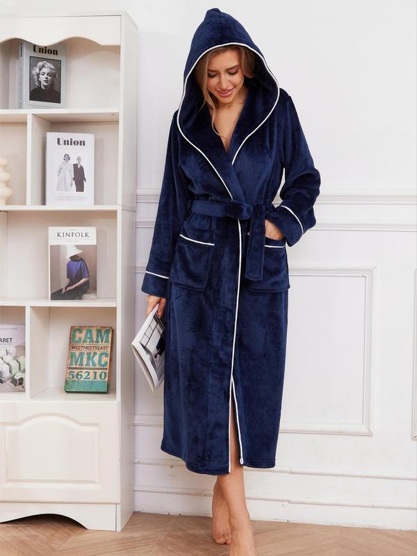 Women's Solid Contrast Binding Belted Pocket Flannel Lounge Robe, Casual Long Sleeve Hooded Bathrobe, Ladies Fall & Winter Sleepwear