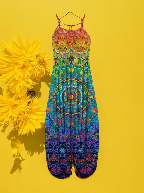 Women's Ombre Ethnic Pattern Cami Harem Jumpsuit, Boho Style Sleeveless Spaghetti Strap Jumpsuit for Summer, Women's Clothes for Vacation Holiday Beach