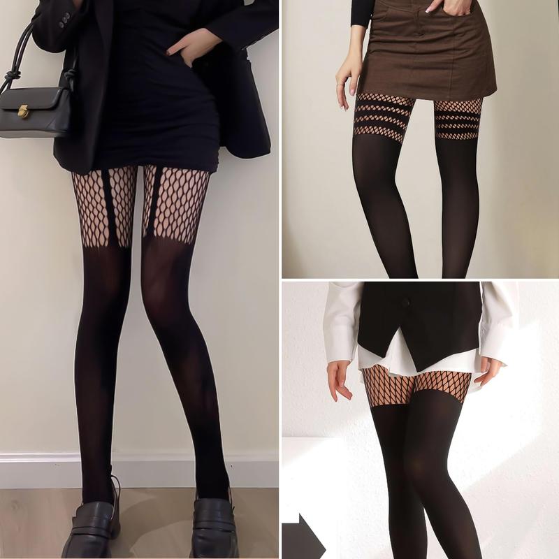 Womens Faux Thigh High Fishnet Stockings Stitching Opaque Pantyhose Mock Over the Knee Goth Striped Suspender Tights