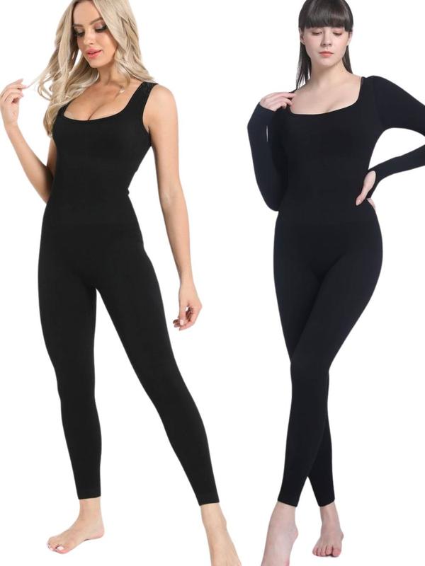 Black Friday 2Pack Snatch Me Up Jumpsuit Tummy Control Square Neck Bundle sleeveless and Long Sleeve Black