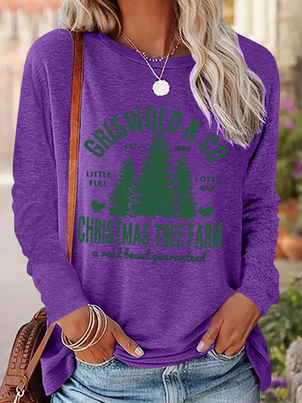 Women's Christmas Tree & Letter Print Round Neck Sweatshirt, Casual Long Sleeve Crew Neck Pullover for Fall & Winter, Women's Clothes for Daily Wear