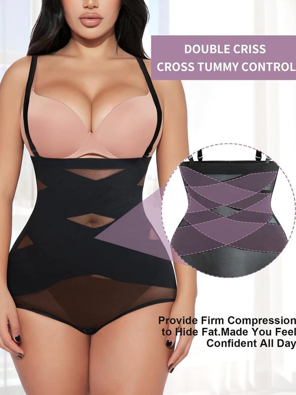 Women's Contrast Mesh Sheer High Waist Shapewear Bottom with Detachable Shoulder Straps, Tummy Control Compression Shapewear, High Stretch Seamless Shaper for Daily Wear