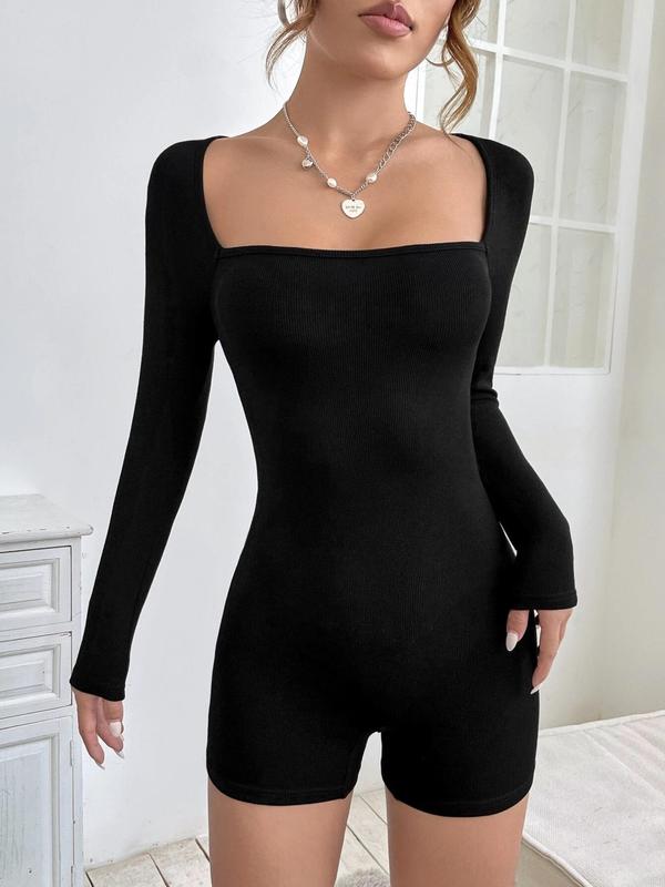 Women's Plain Square Neck Long Sleeve Romper Without Necklace, Casual Tight Sleeve Skinny Romper For Spring & Fall, Women's Clothes For Daily Wear