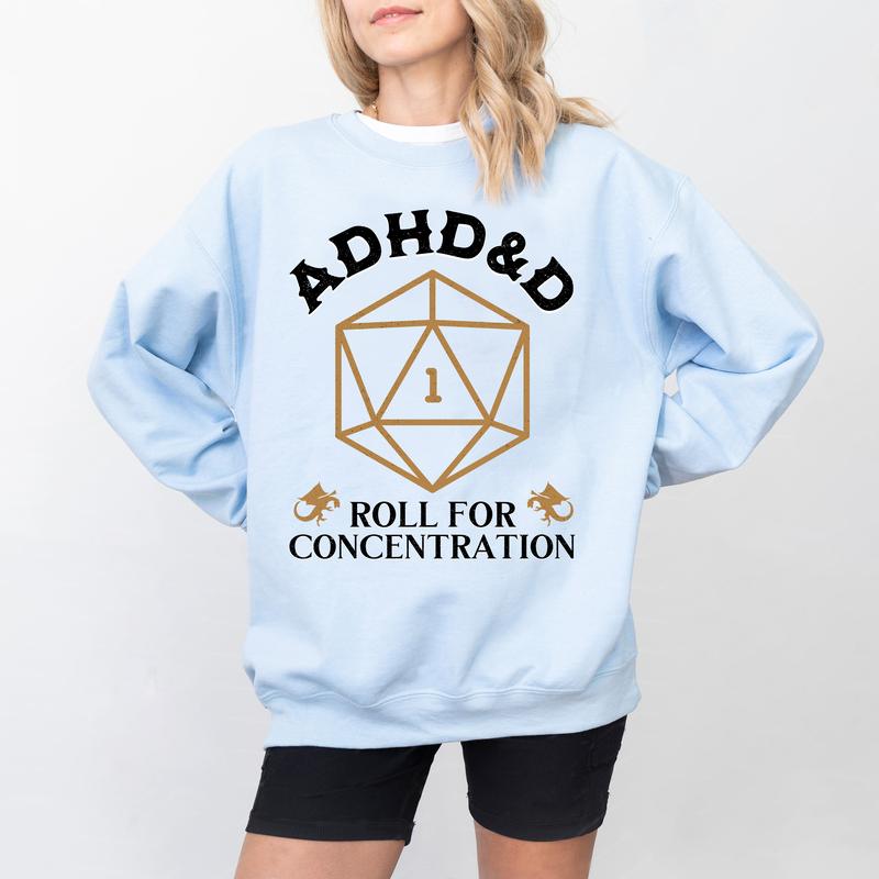 ADHD&D Roll for Concentration Shirt, ADHD Unisex Tee DnD Shirt, Dungeons and Dragons Dnd T-shirt, DnD Vintage Tee, RPG Gift, Dungeons and Dragons Dnd Sweatshirt Hoodie