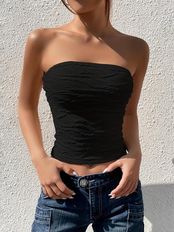 Women's Plain Textured Crop Tube Top, Casual Sleeveless Strapless Top for Summer, Ladies Clothes for Daily Wear