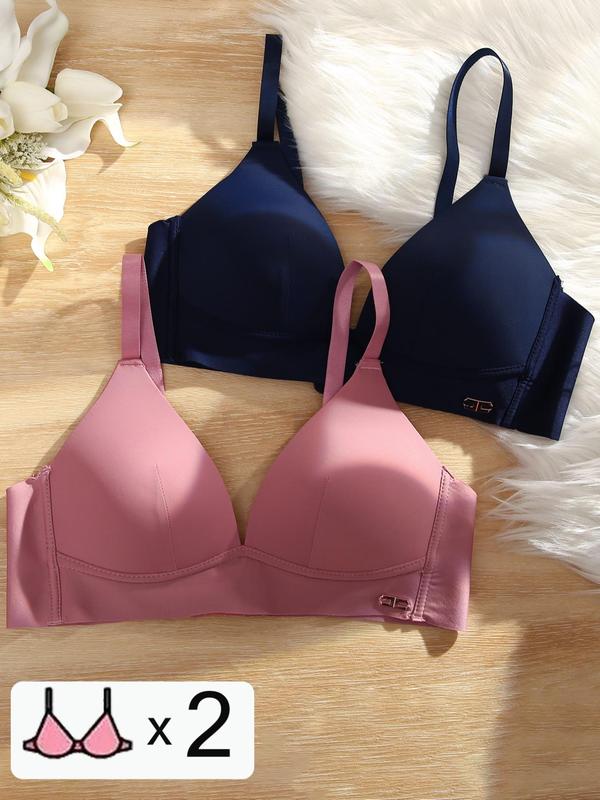 Women's 2pcs Solid Adjustable Strap Wireless Bra, Casual Comfortable Breathable Push Up Lingerie for Daily Wear, Lingeries for All Seasons