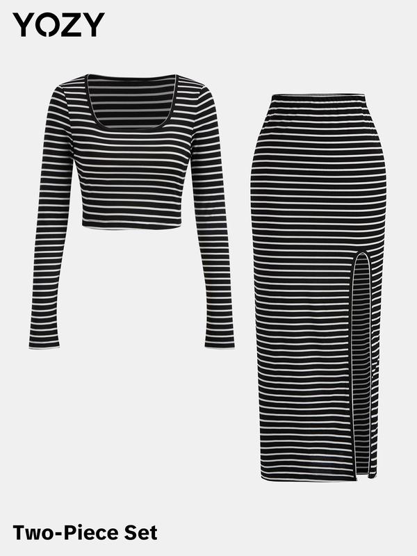 YOZY [size 4-14] Striped Print Crop Top & Split Thigh Skirt Set, Casual Long Sleeve Square Neck Top & High Waist Bodycon Skirt for Fall Holiday, 2024 Women's Spring & Fall Outfits for Daily Wear, [S-XXL]