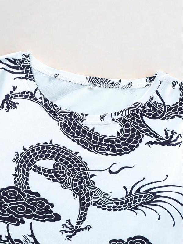 Women's Dragon Print Round PJ Neck Nightdress Summer Clothes Women, Casual Short Sleeve Crew Neck Sleep Dress Nighties for Summer, Women's Sleepwear for Indoor Wear