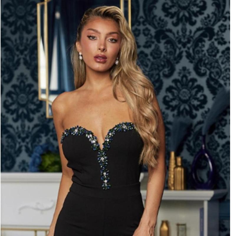 DEEP V JEWEL JUMPSUIT - COLORFUL CURVED V STONE TRIM Flat Sleeveless Strapless Comfortable Elegance christmas gift ideas