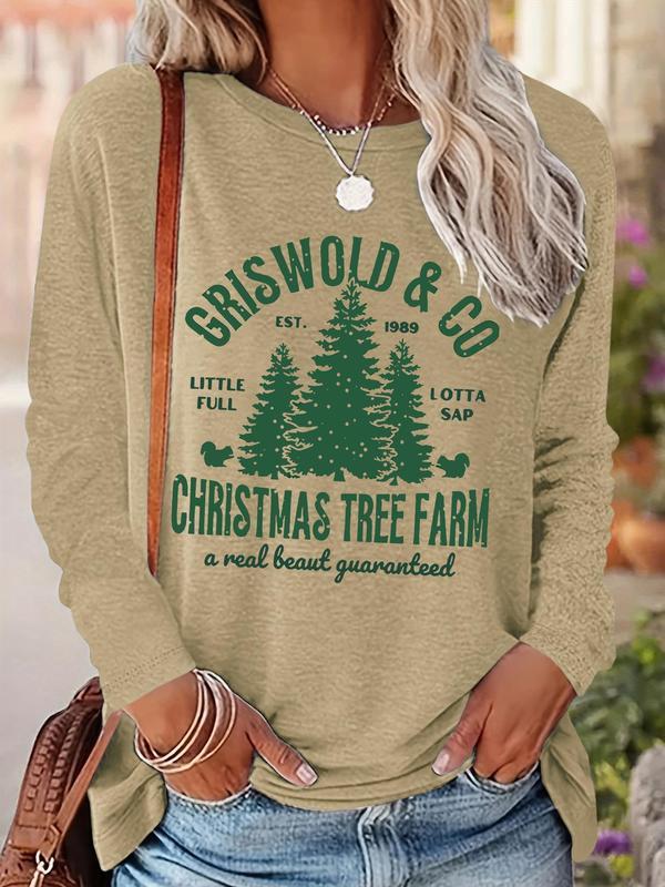 Women's Christmas Tree & Letter Print Round Neck Sweatshirt, Casual Long Sleeve Crew Neck Pullover for Fall & Winter, Women's Clothes for Daily Wear