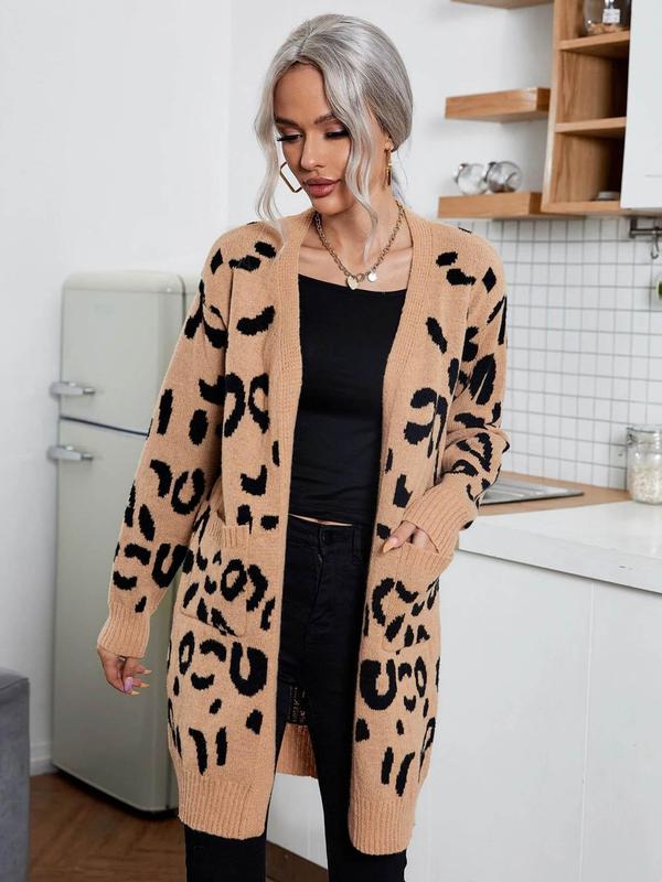 Women's Leopard Print Pocket Cardigan, Casual Drop Shoulder Long Sleeve Open Front Cardigan for Fall & Winter, Fashion Women's Knit Clothing for Daily Wear