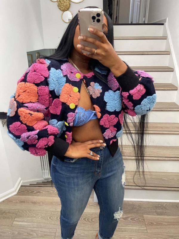  Floral Print Button Front Crop Jacket, Casual Long Sleeve Open Front Outerwear for Fall & Winter, Winter Clothes Women, Women's Clothes for Daily Wear