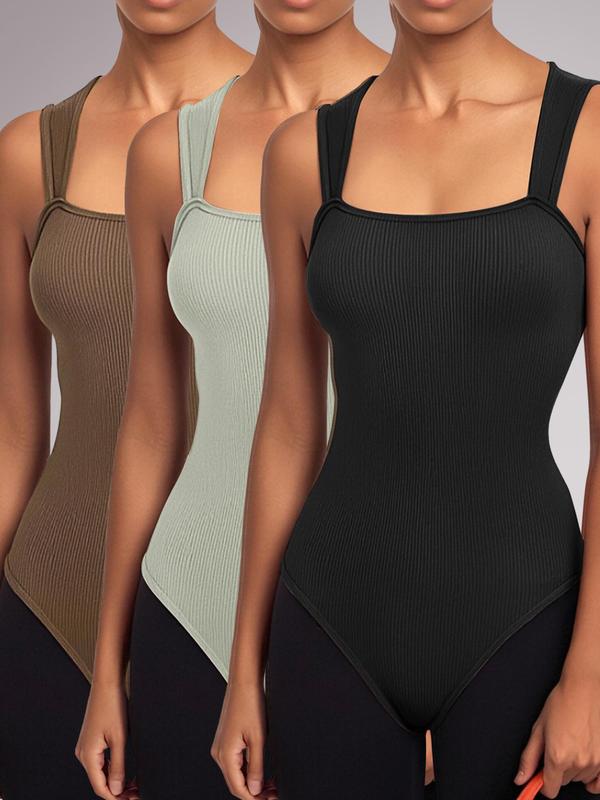 Women's Solid Ribbed Sports Bodysuit, Casual Comfy Breathable Sleeveless Bodysuit for Daily Wear, Ladies Sportswear for Spring & Fall