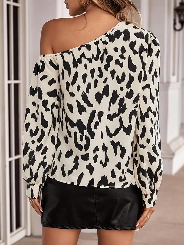 Women's Leopard Print One Shoulder Bishop Sleeve Blouse, Going Out Tops, Elegant Asymmetrical Neck Long Sleeve Tops for Spring & Fall Outdoor