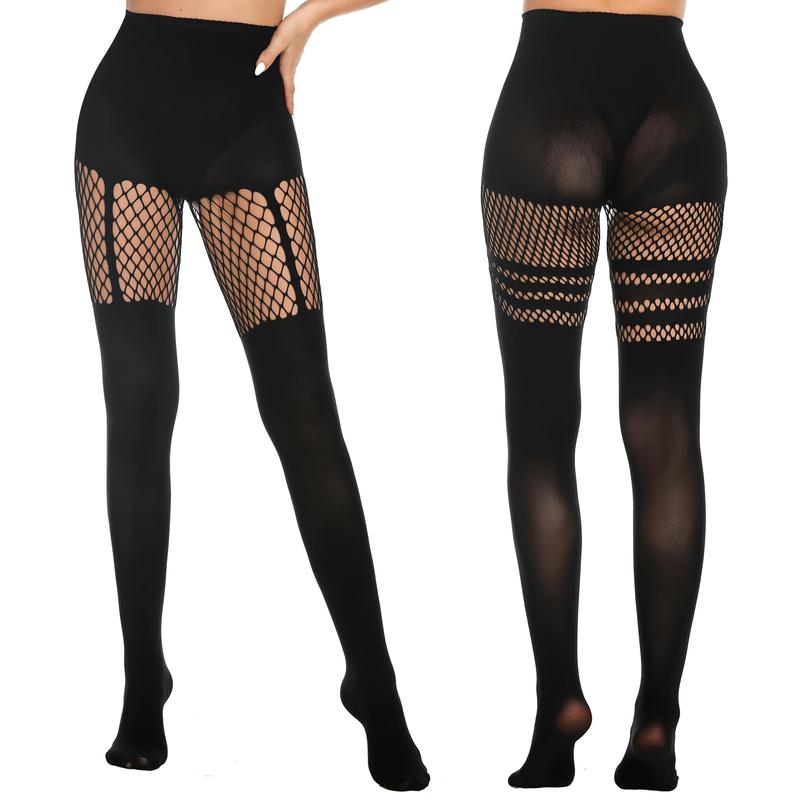 Womens Faux Thigh High Fishnet Stockings Stitching Opaque Pantyhose Mock Over the Knee Goth Striped Suspender Tights