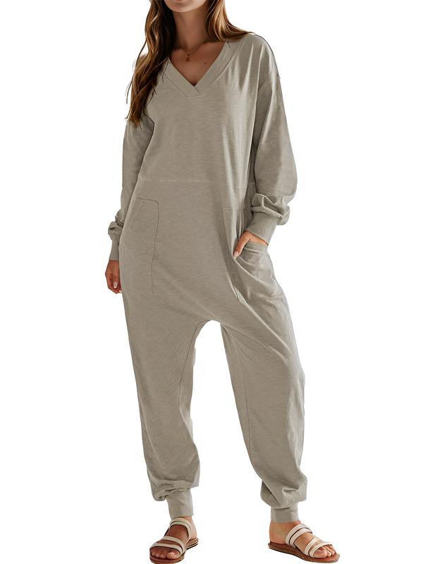 DRESSIN [Orange,Khaki,Black, size XS-XL] Women Cozy Loose Versatile Easy-on Cuffed Knit Solid V-Neck Loose Stretchy Brown Long Sleeve Jumpsuit with Pockets and Tapered Legs Soft and Comfortable for Fall and Winter Lounge wear