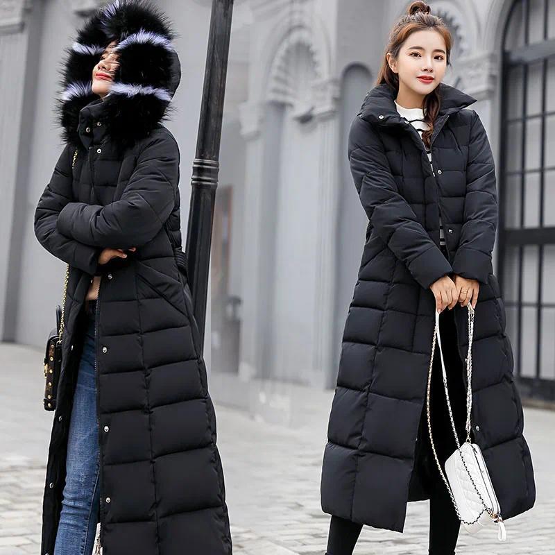 Long Down Cotton Parkas Coat Female New Winter Over Knee Loose Large Fur Collar Hooded Warm Thick Parkas Women  Padded Overcoat