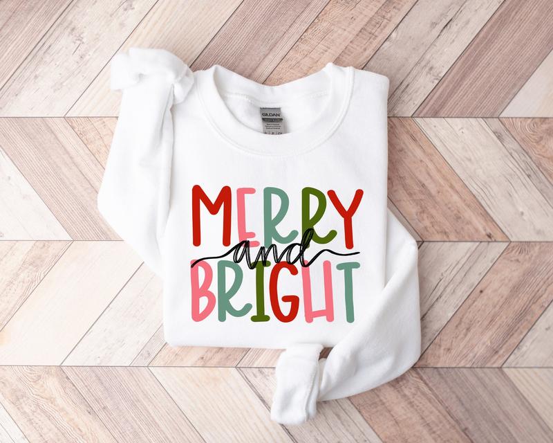 Merry and Bright Sweatshirt, Christmas Sweatshirt, Family Christmas Sweater Cotton Fabic Soft Top Womenswear christmas shirt