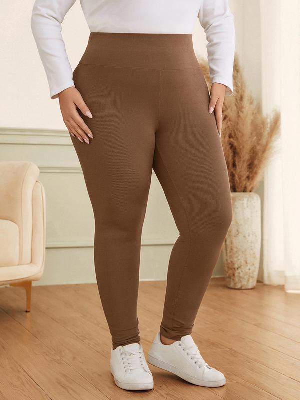 CURVZY Plus Size Solid High Waist Ribbed Leggings, Casual Comfy Skinny Pants for Daily Wear, Women's Bottoms for All Seasons