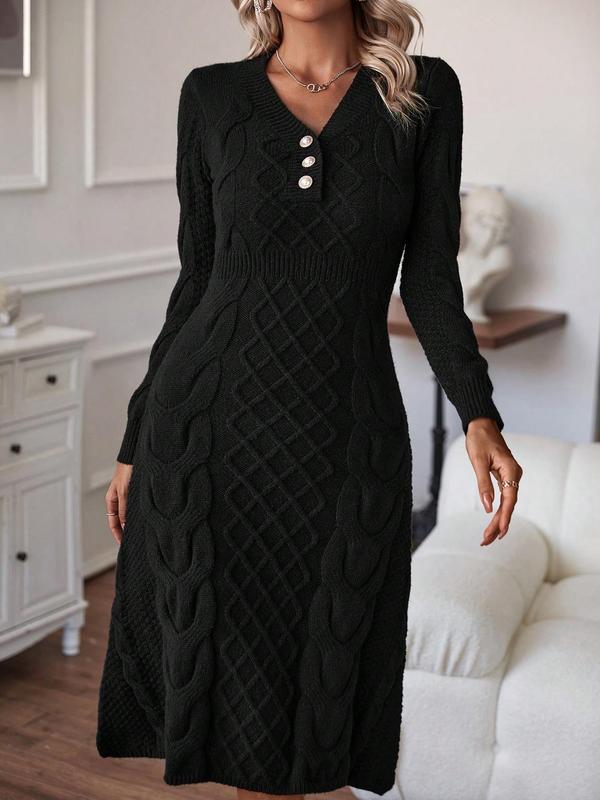 Women's Textured Faux Pearl Decor Cable Knit Sweater Dress, Elegant Long Sleeve V Neck Midi Knit Dress for Fall & Winter,  Dresses for Women, Women's Knitwear for Daily Wear, Fall Clothes