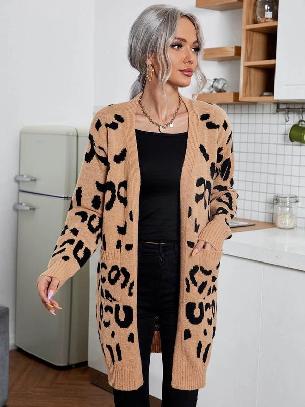 Women's Leopard Print Pocket Cardigan, Casual Drop Shoulder Long Sleeve Open Front Cardigan for Fall & Winter, Fashion Women's Knit Clothing for Daily Wear