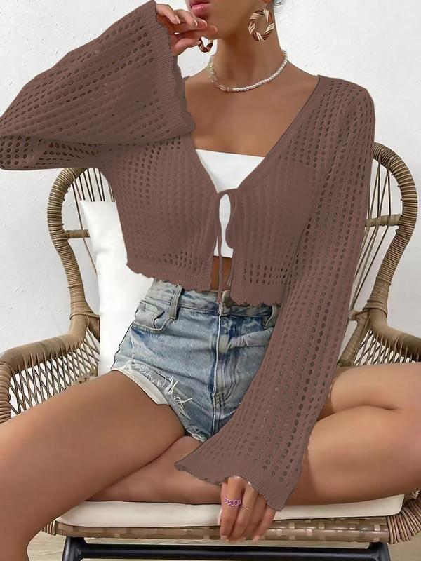 Women's Hollow Out Tie Front Crop Cardigan Sweater, Rave Outfits, Mufti Clothes, Flounce Sleeve V Neck Cover Up Knitwear, Summer Tops, Back To School Clothes, Summer Clothes, Women's Knit Clothing, Downtown Girl Clothes, Preppy 80s Clothes