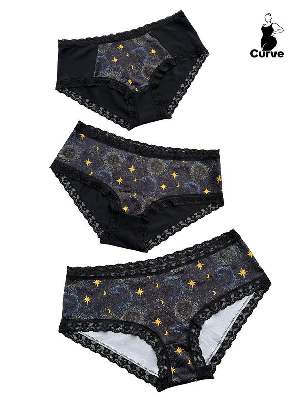 Plus Size Galaxy Print Contrast Lace Knicker, Casual Soft Comfy Panty for Daily Wear, Women's Underwear for All Seasons