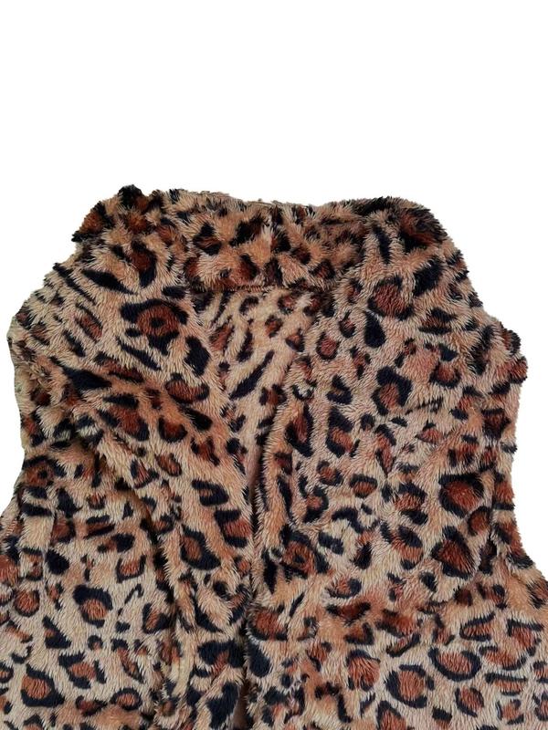  Leopard Print Fuzzy Collared Vest Coat, Casual Sleeveless Open Front Outerwear for Fall & Winter, Women's Clothes for Daily Wear