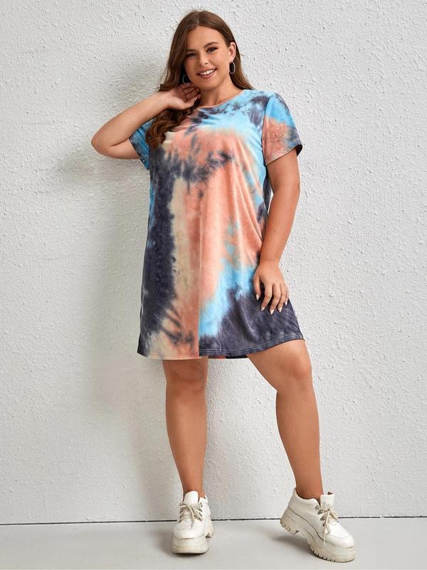 Plus Size Tie Dye Print Round Neck Nightdress, Casual Soft Crew Neck Short Sleeve Nightgown for Women, Women's Sleepwear for Summer