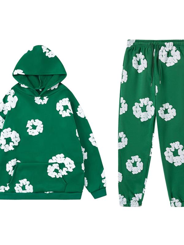 Two-piece Set Women's Floral Print Pocket Hoodie & Drawstring Waist Sweatpants Set, Casual Long Sleeve Hooded Pullover & Elastic Waist Pants, Women's Fall & Winter Clothes, Comfort Sweat Set