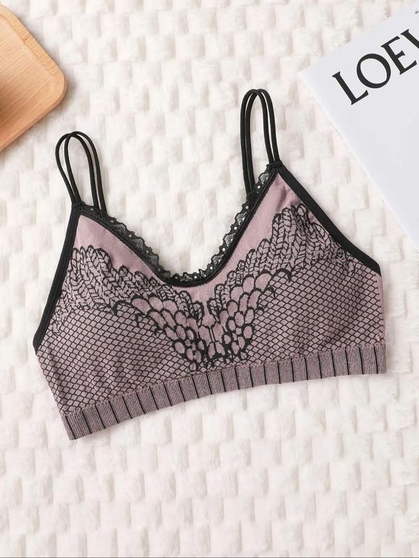 Women's Geometric Print Lace Bra & Panty Set, Casual Comfy Breathable Wireless Bra & Panty Set, Lingerie Set for Women