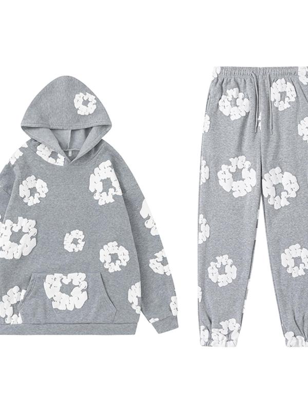 Two-piece Set Women's Floral Print Pocket Hoodie & Drawstring Waist Sweatpants Set, Casual Long Sleeve Hooded Pullover & Elastic Waist Pants, Women's Fall & Winter Clothes, Comfort Sweat Set