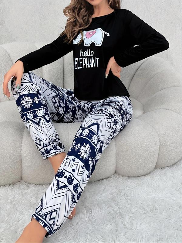 Women's Cartoon Print Bow Decor Pyjama Set, Casual Long Sleeve Tee & Elastic Waist Pants, Women's Sleepwear For Spring & Fall, Fashion PJ Homewear