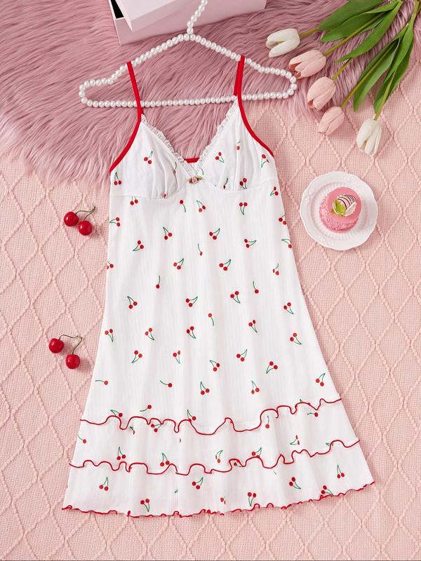 Women's Cherry Print Contrast Lace Frill Cami Nightdress, Summer Wear 2024, Adjustable Spaghetti Strap Contrast Binding Deep V Neck Night Gown for Women, House Dress, Cute Nightwear, Ladies Sleepwear for All Seasons