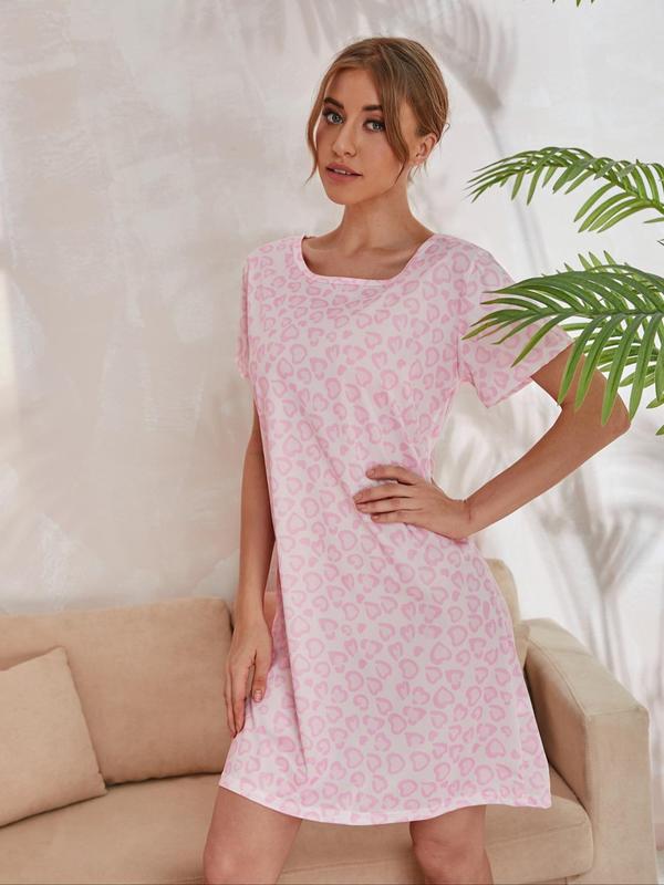 Women's Letter All Over Print Round Neck Nightdress, Casual Comfy Short Sleeve Nightgown for Daily Home Wear, Ladies Sleepwear for All Seasons