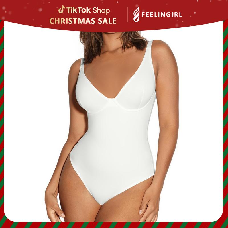 FeelinGirl  Bodysuit Thong Tummy Control Women V Neck Shapewear tts Basic Fashion Womenswear Fabric Bra Nylon Elastic