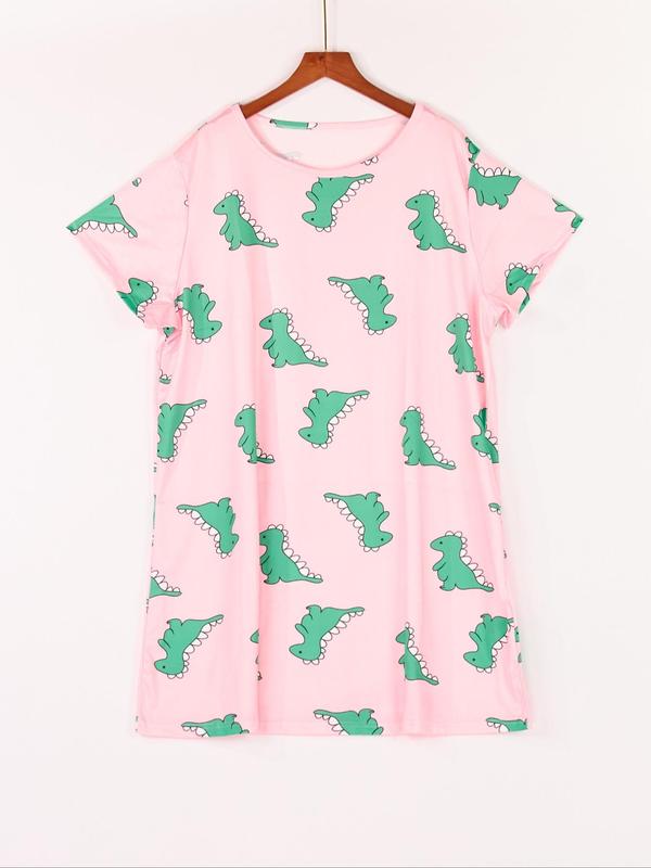  Dinosaur Print Round Neck Nightdress, Casual Soft Comfortable Short Sleeve Nightgown for Women, Women's Sleepwear for All Seasons