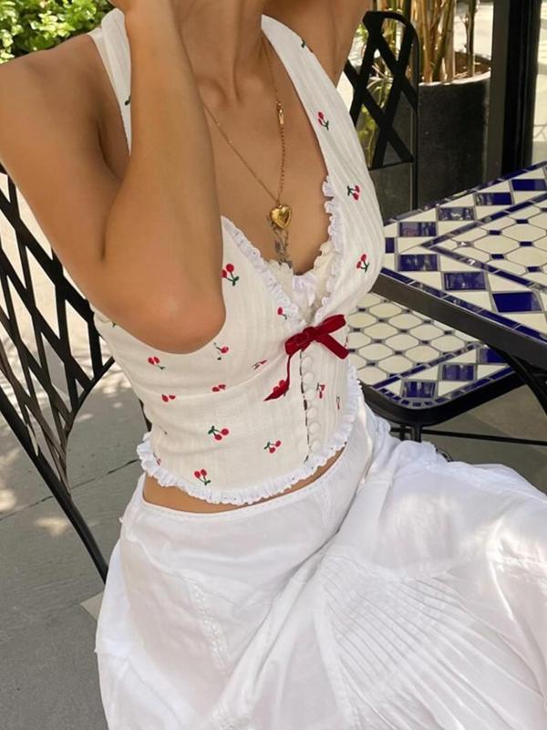 Women's Cherry Print Eyelet Embroidery Frill Trim Halter Crop Tank Top, Y2K Fashion Casual Backless Bow Decor Button Sleeveless Top for Daily Outdoor Wear, Women Clothing for Summer