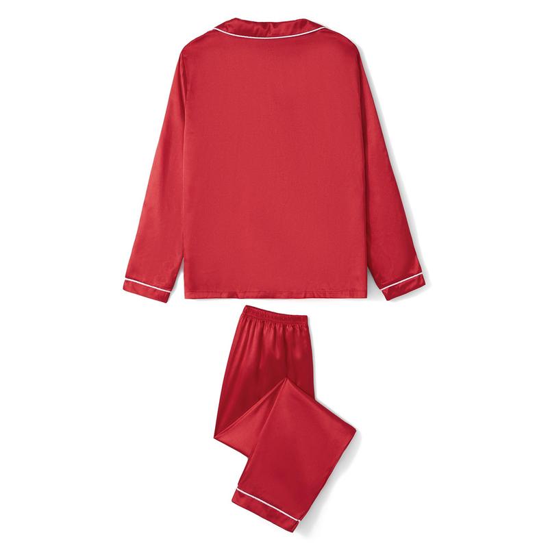 Red Family Matching Christmas Pajama Set, Solid Color Long Sleeve Button Down Tops Elastic Waist Pants for Fall Winter