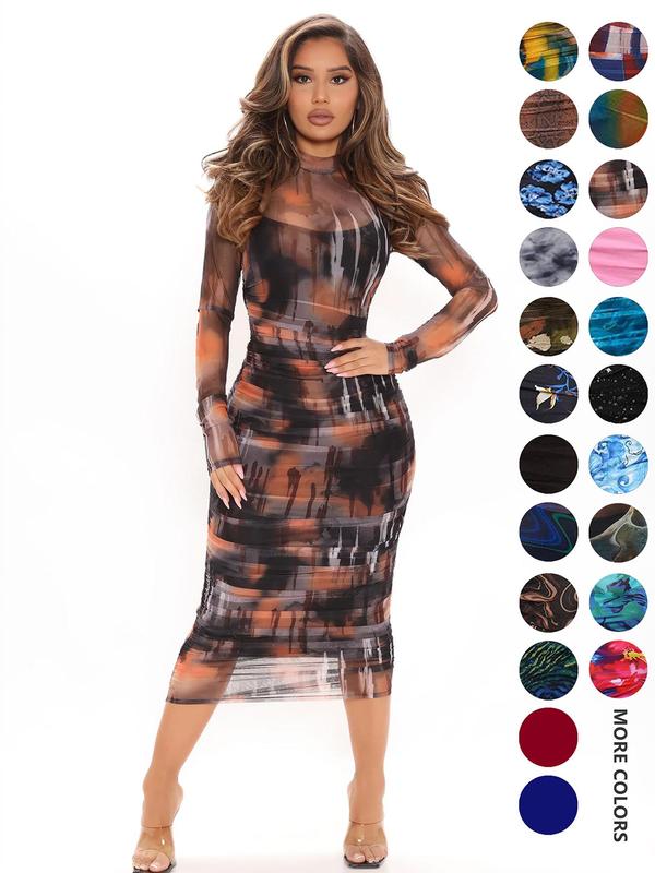 Women's All Over Print Ruched Sheer Bodycon Dress & Spaghetti Strap Cami Dress Set, Mock Neck Long Sleeve Midi Dress & Inner Dress, Ladies Spring & Fall Clothes, Fall Clothing