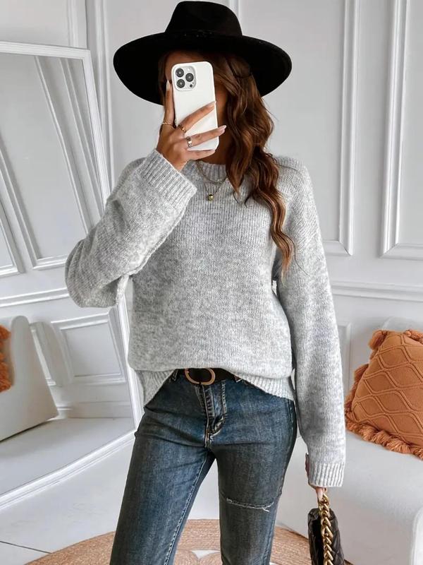 Women's Plain Drop Shoulder Sweater, Casual Long Sleeve Round Neck Jumper for Fall & Winter, Fashion Ladies' Knitwear for Daily Wear