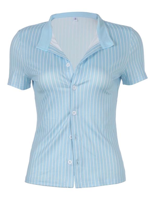 Women's Striped Print Button Front Blouse, Casual Slim-fitting Short Sleeve Shirt for Summer, Back-to-school Clothing, Going Out Tops, Ladies Clothes for Daily Wear, Going Out Tops for College, Tops for Women, 2000s Vintage Tops