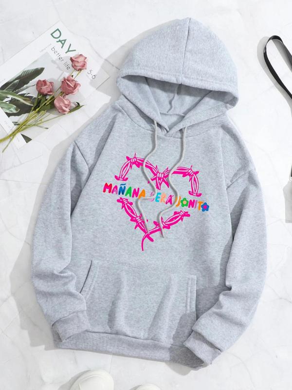 Women's Letter & Heart Print Pocket Pocket Hoodie, Casual Longsleeves Drawstring Sweatshirt for Outdoor, Womenswear, Lady Spring & Fall Clothes