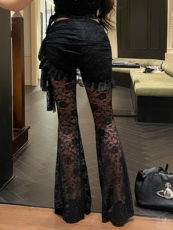 Women's Ribbon Sheer Lace Flare Leg Pants, Y2K Gothic Style High Waist Bell Bottom Trousers for Daily Wear, Ladies Bottoms for All Seasons