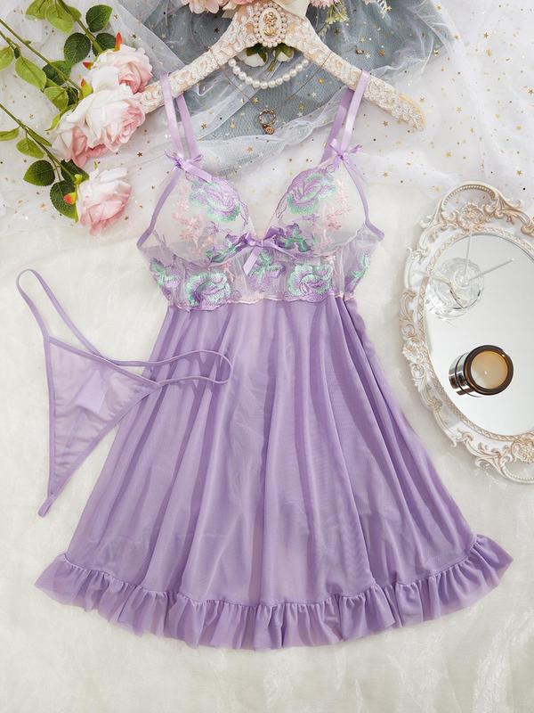 Women's Floral Embroidery Sheer Tulle Nightdress & Thong Loungewear Set, Elegant Bow Decor Adjustable Spaghetti Strap Backless Ruffle Hem Cami Nighty Dress & Panty Set, Ladies Sleepwear Set