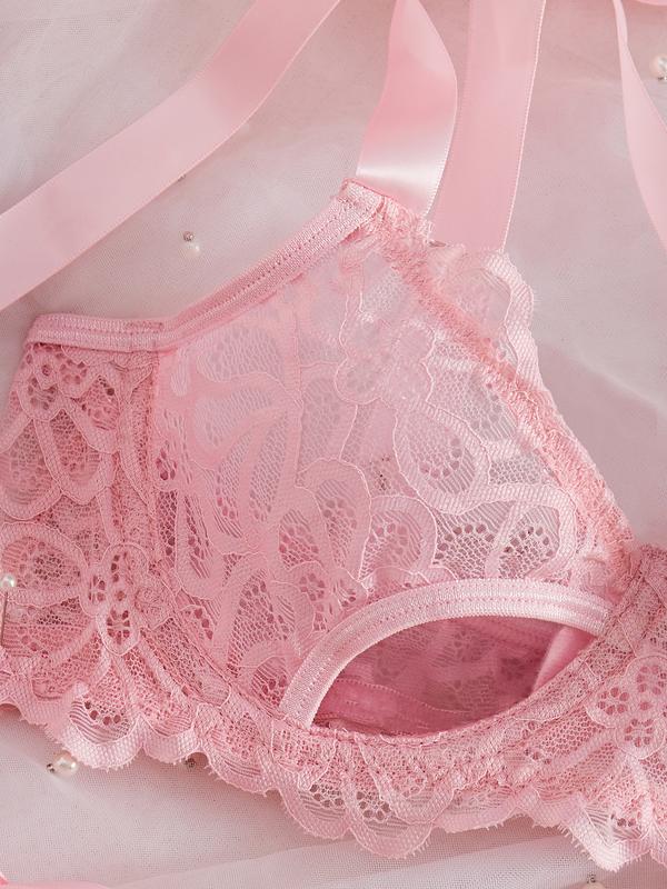 Sexy lingerie lace bra set ultra-thin cup underwire pull together transparent three-point pajamas