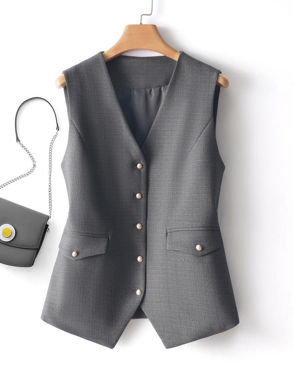 Women's Solid Button Front Blazer Vest , Elegant V Neck Sleeveless Outerwear for Work Office Business,  Corporate Outfits Women,  Ladies Spring & Fall Clothes